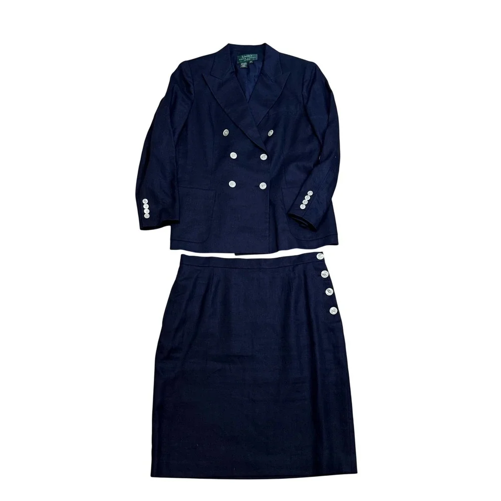 Lauren Ralph Lauren Skirt Suit Womens 12P Navy Blue Linen Double Breasted Blazer
